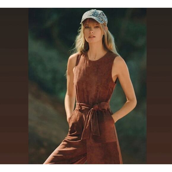 Anthropologie Pants - Anthropologie Faux Suede Jumpsuit Womens Size Large Tie Waist Rust Brown Crop